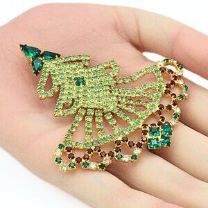 Dominique LTD Edition Large Green Rhinestone Wide Fancy Christmas Tree Brooch